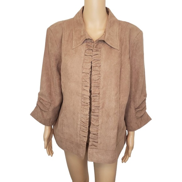 2/$30 CJ Banks Tan Open Front Blazer Ruched 3/4 Sleeve‎ Faux Suede Feel Soft XL - Picture 1 of 13